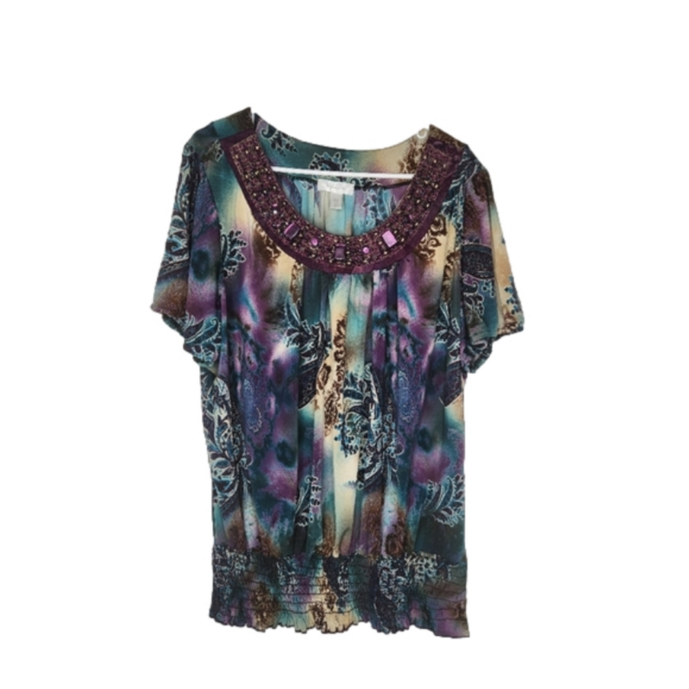 Dressbarn Beaded Floral Top 3X Made in USA Purple Blouse